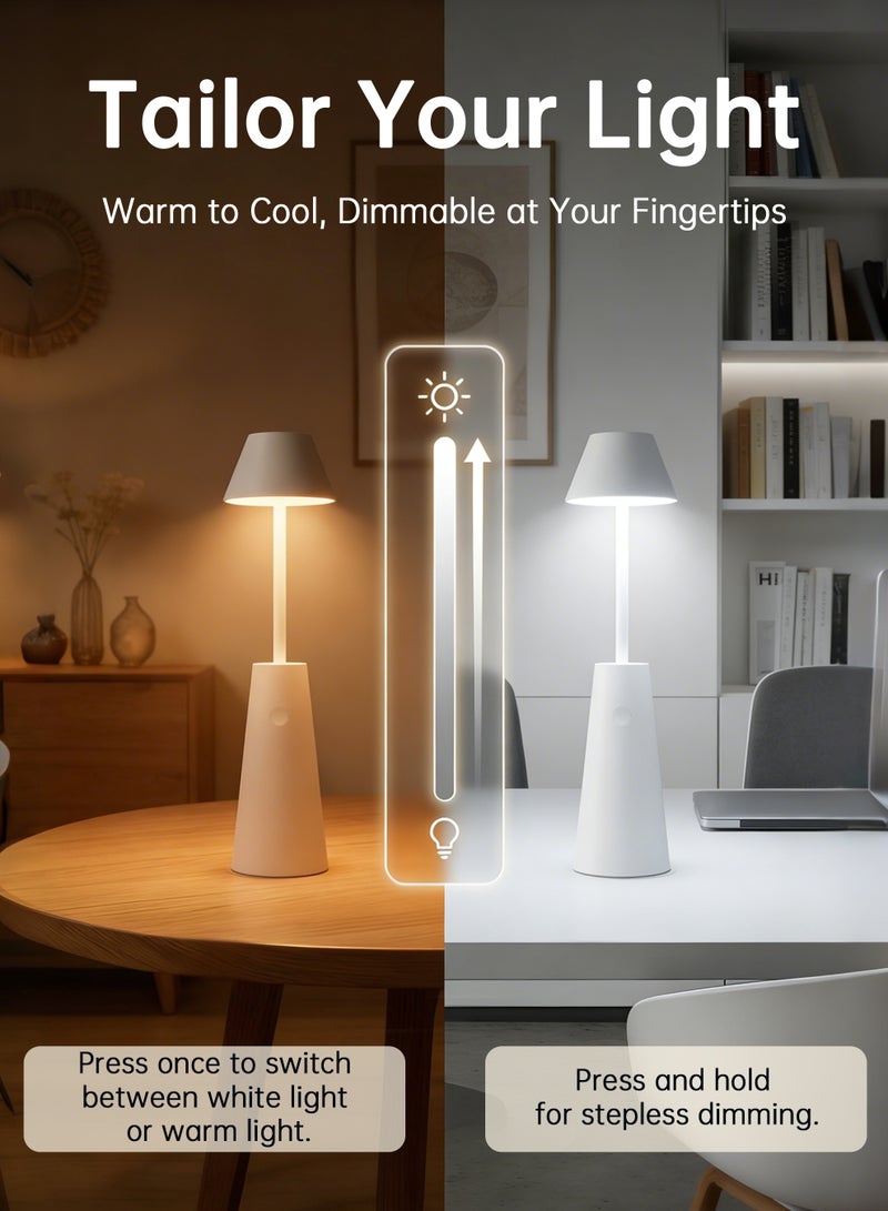 4 in 1 Cordless Table Lamp, 2 Colors Stepless Dimming, Reading Lamp, Bedroom Night Light, High-Intensity Flashlight, Camping Hanging Light, Portable LED Desk Lamp for Bedroom/Restaurant/Bars/Outdoor Camping/Couple Dinner/Night Light (White) - Image 4